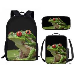 Amzbeauty Katzenrucksack Set für Mädchen Grundschule Mittelschüler 3 in 1 Rucksack und Lunchbox Bleistift Tasche Anzug, frosch von Amzbeauty