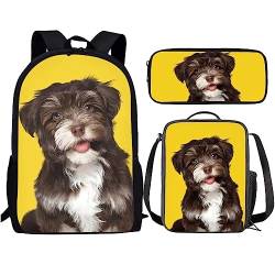 Amzbeauty Rucksack mit französischer Bulldogge für Jungen Mädchen Kinder 3-teiliges Rucksack-Set mit amerikanischer Flagge für Grundschule, Havaneser Hund von Amzbeauty