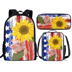 Amzbeauty Rucksack mit französischer Bulldogge für Jungen Mädchen Kinder 3-teiliges Rucksack-Set mit amerikanischer Flagge für Grundschule, schwein von Amzbeauty