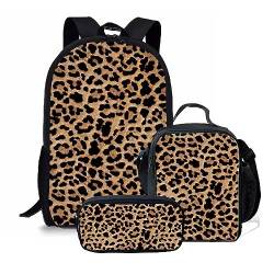 Amzbeauty Rucksack und Lunchbox mit Eule im Baum, für Kinder, Jungen, Mädchen, 3-in-1-Rucksack-Set für Grundschule, Mittelschule, Büchertasche, leopard von Amzbeauty