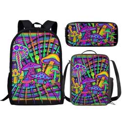 Amzbeauty Rucksack und Lunchtasche, Motiv: schwarze Katze, Set für Mädchen, Jungen, Kinder, 3-in-1-Schultasche, (schwarze Katzen-Schulbedarf), Neon-Pilz von Amzbeauty