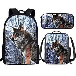 Amzbeauty Rucksack und Lunchtasche, Motiv: schwarze Katze, Set für Mädchen, Jungen, Kinder, für Grundschule, Mittelschule, 3-in-1-Rucksack-Set, Ein Wolfshund von Amzbeauty