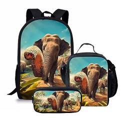 Amzbeauty Rucksack und Lunchtasche mit französischer Bulldogge, Set für Jungen und Mädchen, Kinder, Grundschule, Mittelschule, 3-in-1-Rucksack-Set, Ein Elefant von Amzbeauty