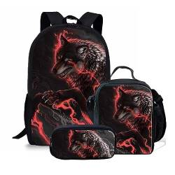 Amzbeauty Rucksack und Lunchtasche mit französischer Bulldogge, Set für Jungen und Mädchen, Kinder, Grundschule, Mittelschule, 3-in-1-Rucksack-Set, Wolf Hund von Amzbeauty