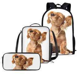 Amzbeauty Rugby Rucksack für Jungen mit Lunchbox Mädchen Burning American Football Rucksack Set mit Lunchtasche und Bleistift Geldbörse, hund von Amzbeauty