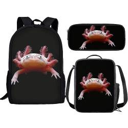 Amzbeauty Schwarzer Katzenrucksack mit Lunchbox für Kinder, Büchertasche, Schultasche, 43,2 cm, Rucksack mit Federmäppchen für Jungen und Mädchen, Axolotl von Amzbeauty