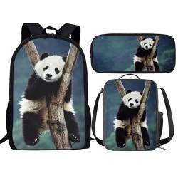 Amzbeauty Schwarzer Katzenrucksack mit Lunchbox für Kinder, Büchertasche, Schultasche, 43,2 cm, Rucksack mit Federmäppchen für Jungen und Mädchen, panda von Amzbeauty