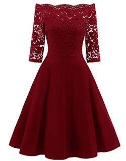 AnKoee Damen Abendkleid, 3/4-Ärmel, Spitzenkleid, schulterfrei, Ballkleid, Hochzeitskleid, Weinrot, Klein von AnKoee