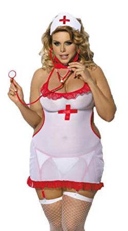3-teiliges Plus Size Dessous Set Krankenschwester Outfit aus Kleid, Haube und Strumpfhaltergürtel weiß rot transparent 5XL/6XL von Anais Apparel Size Plus