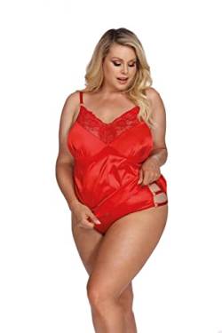 Rotes Damen Dessous Plus Size Set Shirt und Slip aus glänzendem Satin und Spitze Panty und Nachthemd 3XL/4XL von Anais Apparel Size Plus