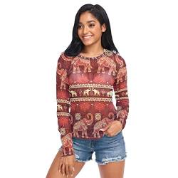 Anantty Damen Langarmshirt Ethnisch Blumen Tier Elefant Long T-Shirt Langarm Top Rundkragen Oberteile Shirt Tunika Bluse Top von Anantty