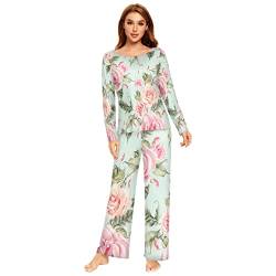 Anantty Damen Schlafanzug-Set Blumen Blume Rose Muster Pyjama Woman Set, Lang Nachtwäsche Hausanzug Negligee Sleepwear von Anantty