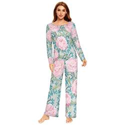 Anantty Damen Schlafanzug-Set Blumen Pfingstrose Muster Pyjama Woman Set, Lang Nachtwäsche Hausanzug Negligee Sleepwear von Anantty