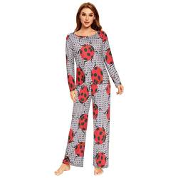 Anantty Damen Schlafanzug-Set Marienkäfer Punktmuster Pyjama Woman Set, Lang Nachtwäsche Hausanzug Negligee Sleepwear von Anantty