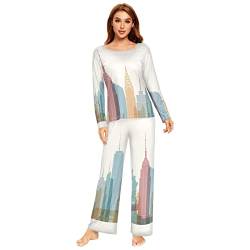 Anantty Damen Schlafanzug-Set New York Stadt Amerikanisch Pyjama Woman Set, Lang Nachtwäsche Hausanzug Negligee Sleepwear von Anantty