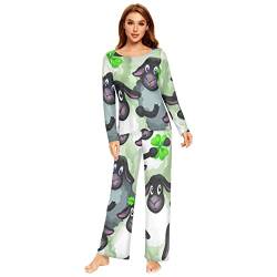 Anantty Damen Schlafanzug-Set Süß Schafe Klee Pyjama Woman Set, Lang Nachtwäsche Hausanzug Negligee Sleepwear von Anantty