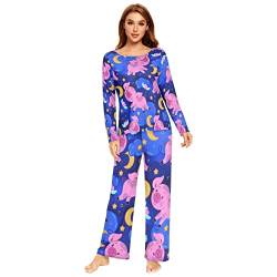 Anantty Damen Schlafanzug-Set Süß Schwein Mond Sterne Liebe Herz Pyjama Woman Set, Lang Nachtwäsche Hausanzug Negligee Sleepwear von Anantty