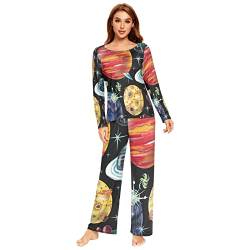 Anantty Damen Schlafanzug-Set Weltraum Universum Outer Planet Pyjama Woman Set, Lang Nachtwäsche Hausanzug Negligee Sleepwear von Anantty