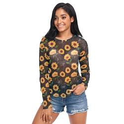 Anantty Frauen Casual Tops T Shirt Blumen Blume Sonnenblume Langarm Shirts Tunika Tops Mesh Longline Shirt Rundhals Pullover, mehrfarbig, XXL von Anantty