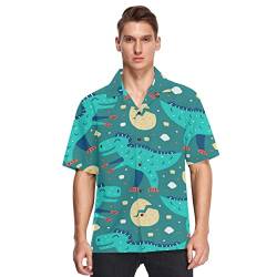 Anantty Herren Hawaiihemd Süß Blau T-Rex Casual Kurzarm Hawaiihemd Urlaub Sommer Aloha Bedruckter Strand Beilaufig Hawaii Hemd von Anantty