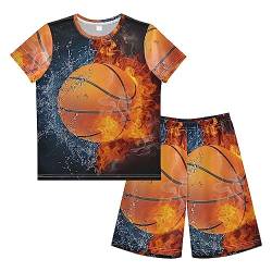 Anantty Kinder Jungen Schlafanzug Set Basketball Ball auf Feuer und Wasser Flamme Shorty Pyjamaset Nachtwäsche Kurzarm Pyjamas Sommer Kurzarm Sets Outfit von Anantty