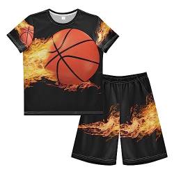 Anantty Kinder Jungen Schlafanzug Set Feuer Basketball Sport Ball Shorty Pyjamaset Nachtwäsche Kurzarm Pyjamas Sommer Kurzarm Sets Outfit von Anantty