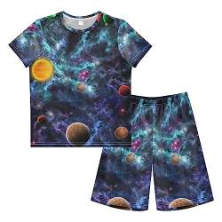 Anantty Kinder Jungen Schlafanzug Set Galaxis Weltraum Planet Shorty Pyjamaset Nachtwäsche Kurzarm Pyjamas Sommer Kurzarm Sets Outfit von Anantty