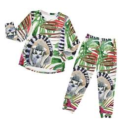 Anantty Kinder Schlafanzug-Set Aquarell Tropisch Lemur Blätter Pyjama Woman Set, Lang Nachtwäsche Hausanzug Negligee Sleepwear für Jungen Mädchen von Anantty