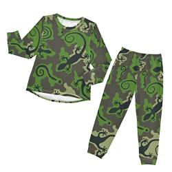 Anantty Kinder Schlafanzug-Set Grün Camo Gecko Reptilien Pyjama Woman Set, Lang Nachtwäsche Hausanzug Negligee Sleepwear für Jungen Mädchen von Anantty