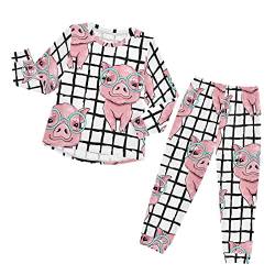 Anantty Kinder Schlafanzug-Set Süß Schwein Gitter Pyjama Woman Set, Lang Nachtwäsche Hausanzug Negligee Sleepwear für Jungen Mädchen von Anantty