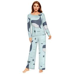 Damen-Pyjama-Set, Wale, Delfine, Seastars, Pyjama-Set, langärmelig, lange Hose, 2-teilig, Loungewear, Nachtwäsche, mehrfarbig, 46 von Anantty