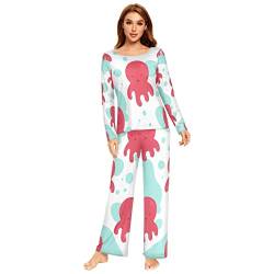 Damen Pyjama-Set, süßes Meerestier, Oktopus, Pyjama-Set, langärmelig, lange Hose, 2-teilig, Loungewear, Nachtwäsche, mehrfarbig, 38 von Anantty