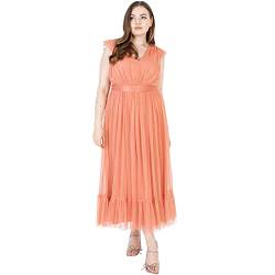 Anaya with Love Damen Ladies Maxi Dress for Women V Neckline Sleeveless Frilly for Wedding Guest Bridesmaid Prom Long High Empire Waist Tiered Kleid, Coral Pink, von Anaya with Love