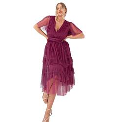 Anaya with Love Damen Women's Midi Ladies V Neckline Short Sleeve Ruffles Empire Waist Tiered Tulle Skirt for Wedding Guest Bridesmaid Dress, Plum, 44 EU von Anaya with Love