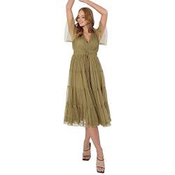Anaya with Love Damen Womens Midi Dress Ladies Tiered V Neckline Short Sleeve Frilly with Cord for Wedding Guest Evening Ball Gown Green Kleid, Olive, 36 von Anaya with Love