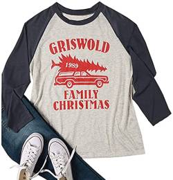 Griswold Familien-Weihnachts-Damen-Shirt, Merry Xmas Tree Print Casual Tees Baseball Raglanärmel Tops, A-light Grey, Groß von Anbech