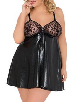 Damen XXL Dessous Chemise Wetlook Negligee in schwarz Träger-Nachtkleid mit Spitze ausgestellt Größe: 54/56 von .Andalea