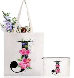 Andeiltech Initiale Canvas Tote Bag Floral Letter Personalisierte Make-up-Tasche Monogramm-Geschenk für Brautjungfern, Geburtstag, Hochzeit, Buchstabe Floral_J von Andeiltech