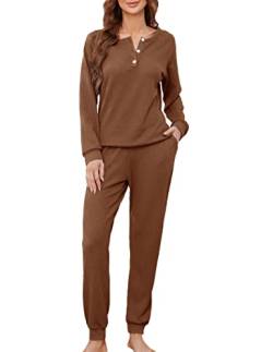 Andeip Schlafanzug Damen Lang Pyjama Set Winter Zweiteiliger Nachtwäsche Rundhals Langarm Sleepwear Pyjama von Andeip