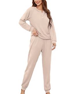 Andeip Schlafanzug Damen Lang Pyjama Set Winter Zweiteiliger Nachtwäsche Rundhals Langarm Sleepwear Pyjama von Andeip