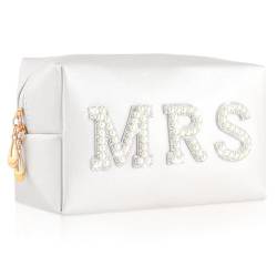 Andibro Braut Make up Tasche,MRS Buchstaben Braut Perlen Strass PU Clutch Tragbare Reise Kosmetiktasche Damen Weiß für Junggesellenabschied Frauen Hochzeit Brautparty Reise Zubehör von Andibro