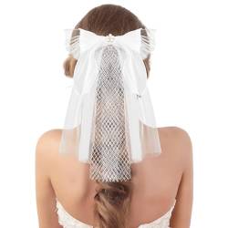 Andibro Schleier Braut Haarschleife,Brautschleier mit Weiße Perlen Kurzschleier Tüll Schleifenk für Damen Brautjungfern Hochzeit Bachelorette Party von Andibro