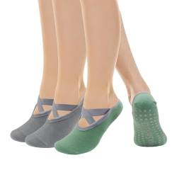 Andiker Yoga socken, 2 Paar rutschfeste Yogasocken, rutschfeste Sportsocken mit elastischen Kreuzgurten für Damen und Mädchen, ideal für Pilates Ballett Indoor Fitness Yoga Trampolin (Grau+Grün) von Andiker