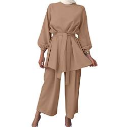 Abayas für Damen Muslimische Langarm-Top-Hose, 2 Stück, Dubai, islamische Muslimische Kleidung, khaki, 48 von Andiwa
