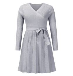 Damen Casual Langarm Plissee Strickkleid A-Linie Sexy V-Ausschnitt Midi Pullover Kleider, grau, 38 von Andiwa