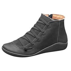 Andouy Damen Kurze Stiefeletten Casual Schnürstiefel Runder Zeh Seitlicher Reißvers Flache Stiefel(36 EU,Schwarz) von Andouy