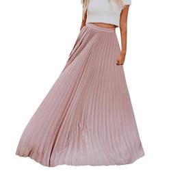 Andouy Damen Voll/Knöchel Länge Elastische Retro Raffen Maxi Langer Rock Plissee Swing Röcke(3XL.Rosa) von Andouy