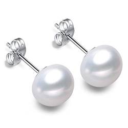 Androxeda 1 Paar echte 925er Sterlingsilber-Perlen-Ohrstecker, Süßwasser-Perlen-Ohrringe, weiße 10 mm Süßwasser-Perlen-Ohrstecker von Androxeda