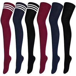 ANECO 6 Paar Overknee-Oberschenkelsocken, kniehoch, warmer Strumpf für Damen, Stiefelsocken, Beinwärmer, hohe Socken für den täglichen Gebrauch, Cosplay, Weinrot, gemischte Streifenfarben, marineblau, von Aneco