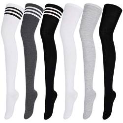 Aneco 6 Paar extra lange Socken lange Stiefelstrümpfe Oberschenkelhohe Socken für Damen, Schwarz, Weiß, Dunkelgrau gestreifte Farben, reine Farben, Medium von Aneco